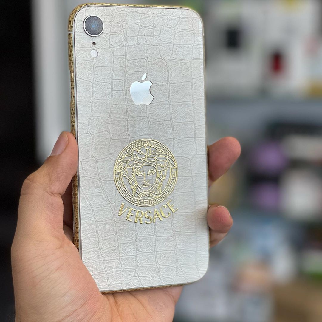 White Leather versace with gold fabric sides skin Phoneguard.in